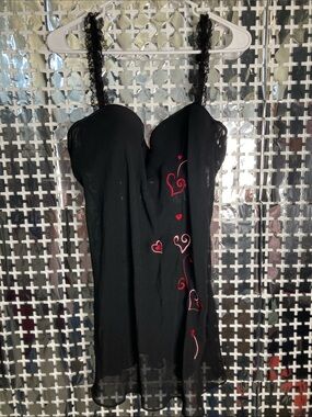 Linea Donatella Black Slip Dress with Red Heart Accents